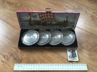 Konge Tinn Set Of 4 Pewter Coasters - Made In Norway - Boxed