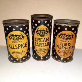 3 Vintage Round Asco 3 Oz Cream Tartar 2 Oz Red Pepper & 2 Oz.  Allspice Tins