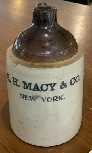Antique R H Macy & Co York Ny Stoneware 1/2 Gallon Whiskey Shoulder Jug