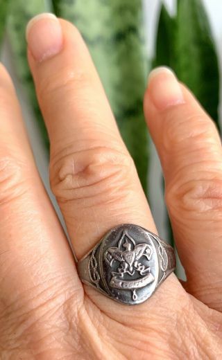 Vintage Silver Boy Scouts Of America Bsa Fleur De Lis Signet Ring,  Size 9.  75
