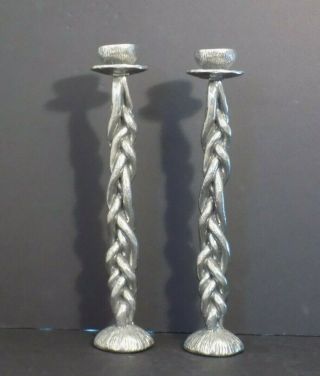 Vintage Pair Patrick Meyer Pewter Candle Holders Twisted Rope 12 5/8 " Tall