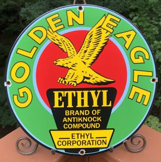 Vintage Golden Eagle Gasoline With Ethyl Porcelain Gas Station Pump Plate Sign