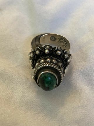 Vintage Taxco Sterling Silver Green Turquoise Poison Ring Lid Adjustable S 6 9