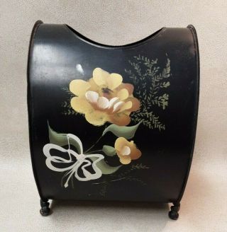 Black Tole Hand Painted Trash Can Waste Basket Metal Flowers & Ribbon Vintage
