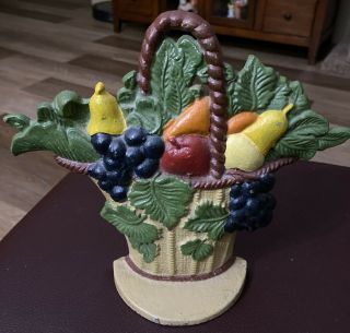 Antique " Fruit Basket " Cast Iron Doorstop W/pears Apples And Grapes