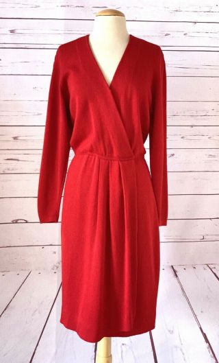 Vintage St John Size 10 Red Santana Knit Faux Wrap Dress Long Sleeve Sheath