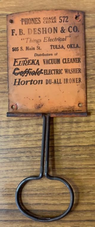 Antique Tulsa Oklahoma F.  B.  Deshon Tin Sign Things Electrical Store Broom Holder