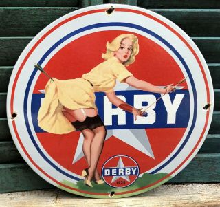 Vintage 1939 Dated Derby Gasoline Porcelain Gas Oil Sign 12” Archery Bow