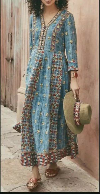 Soft Surroundings San Remo Vintage Blue Boho Maxi Dress Sz 18w Pockets