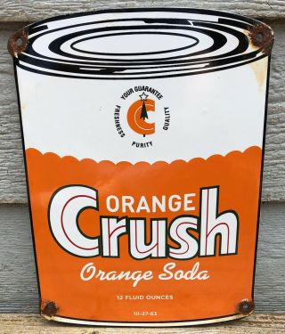 Vintage 1963 Dated Orange Crush Soda Pop Can Porcelain Gas Station Sign