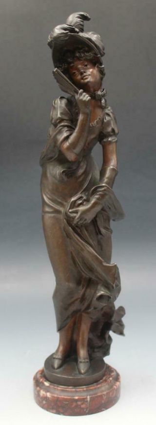 C1900 French Bronze Sculpture Young Lady Holding A Fan Signed Gabriel J.  Carlet
