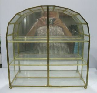 Vintage Brass & Glass Mirrored Back Display Case 13 3/4 " Curved Top Footed Hang