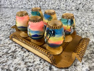 Vintage Hawaiian Wooden Hand Painted Tiki Cups Mugs Shot Glass Set Of 6 W/ Tray