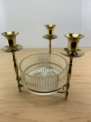 Vintage Three Candle Stick Brass Candle Holder With Glass Bowl Center Piece