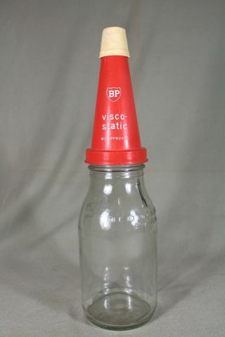 Vintage Bp Visco Static Plastic Top Pourer & Dust Cap & Litre Glass Oil Bottle