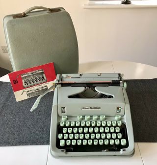 Vintage Hermes 3000 1950s Paillard Green Typewriter And Metal Lid