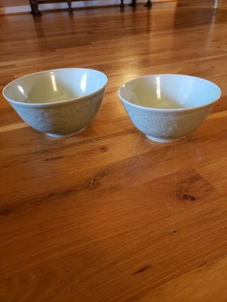 Vtg Chinese Celadon Green Porcelain Embossed Koi Fish Carp Bowl Set Of 2 6&6,  5 "
