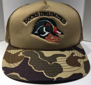Vintage 80s Old School Camo Ducks Unlimited Wood Duck Snapback Hat Mesh Back Cap