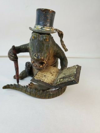 Estate Fresh Antique Cold Painted Bronze Whimsical Crocodile/alligator Inkwell