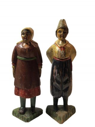 Vintage Hand Carved Painted Wood Folk Art Old Man & Woman Figures 6.  5 - 7 Inches
