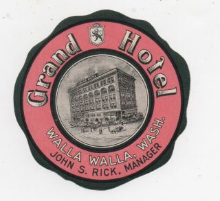 1920s Luggage Label From The Grand Hotel Walla Walla Washington