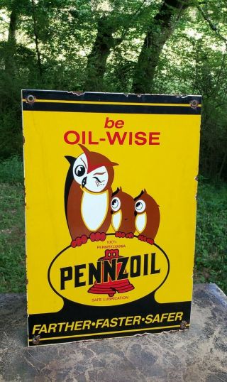 Pennzoil Oil Wise Porcelain Sign Store Display Shelf Lubester Pump Liberty Bell