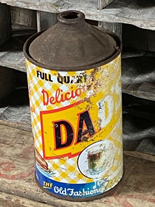 Vintage 1950s Dad’s Old Fashioned Root Beer 32oz Quart Cone Top Tin Can