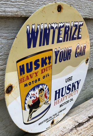 VINTAGE 1947 HUSKY GASOLINE PORCELAIN GAS OIL SIGN PUMP PLATE WINTERIZE YOUR CAR 2