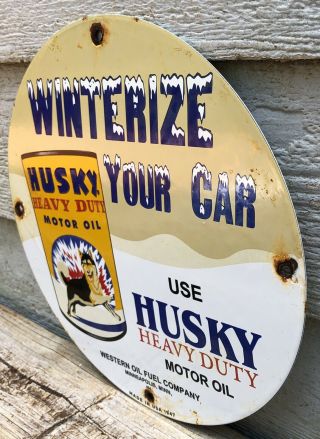 VINTAGE 1947 HUSKY GASOLINE PORCELAIN GAS OIL SIGN PUMP PLATE WINTERIZE YOUR CAR 3