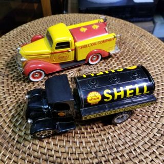 Shell Oil Die - Cast Metal Model Cars Piggy Money Coin Bank 1936 Dodge Mack Trucks