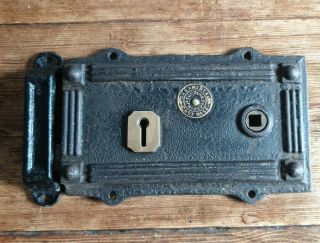 Quality Heavy Mid Victorian Cast Iron Rim Lock And Keep.  Large Size.  Antique.