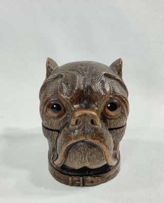 Antique Black Forest German Hand Carved Wood Pug Dog Inkwell W/ Insert