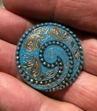 Antique Vintage Victorian Turquoise Lg Glass Button Paisley Lacy Design 1 & 1/4 "