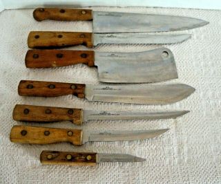 7 Vintage Old Homestead Knives Stainless Lifetime Wood Handled Knife Set