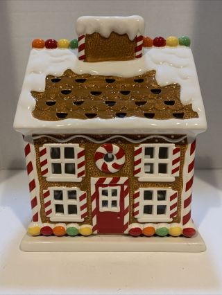 Harry Slatkin 2009 Ceramic Gingerbread House Candle Luminary W/base Christmas