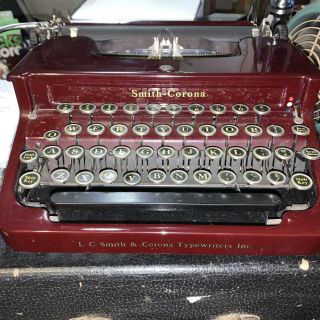 Vintage Smith & Corona Flat Top Portable Typewriter 1930s Maroon Burgundy Red
