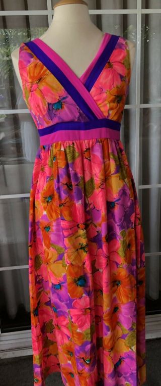 1960s Vintage Hawaiian Pink Tropical Floral Print Empire Waist Midi Dress Sz S