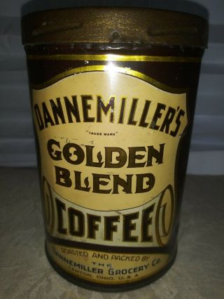 Antique 1928 Dannemiller Golden Blend Coffee 1lb Tin Can Canton Oh