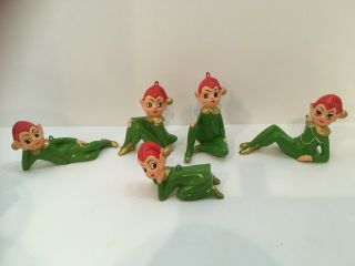5 Vintage Christmas Pixie Elf Ceramic Figurines Green With Red Hats Japan
