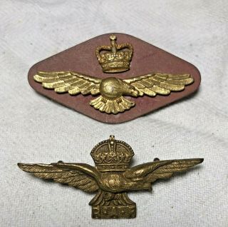 Pair Wwii Vintage Raf British Royal Air Force Hat Cap Badges Gold Crown Eagle
