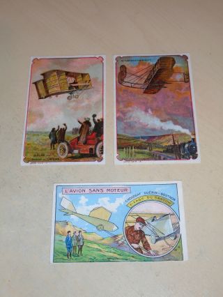 3 Small Victorian Advertising Trade Cards - Early Aeroplane Theme
