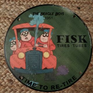 Vintage Porcelain 1951 Fisk Tires Tubes The Beagle Boys Man Cave Garage Sign