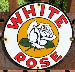 Vintage White Rose Gasoline / Motor Oil Porcelain Gas Pump Sign