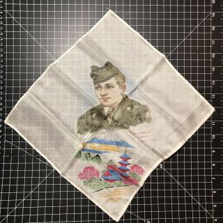 Wwii Hand Painted Portrait Of Us Soldier On Silk Handkerchief Yokohama