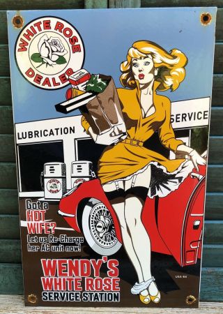 Vintage 1964 Wendy’s White Rose Gasoline Porcelain Pump Service Station Sign