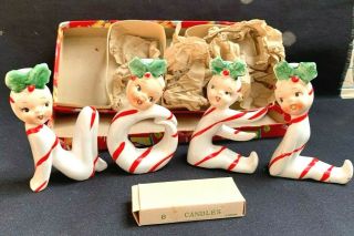 VTG PIXIE CHRISTMAS CANDY CANE NOEL CANDLE HOLDERS JAPAN HOLT HOWARD ERA W/BOX 3