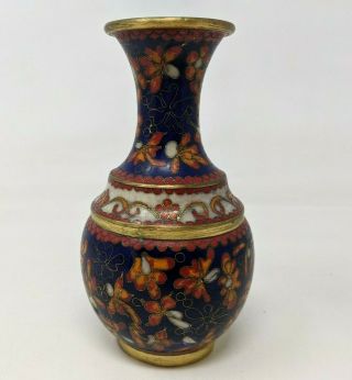 Vtg Antique Chinese Dark Blue Floral Enamel Cloisonne Brass Small Vase Br20