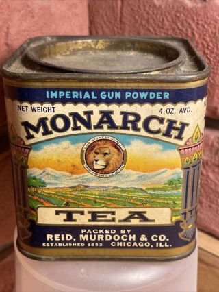 Vintage Monarch Lion 4 Oz Advertising Tin " Imperial Gun Powder Tea "