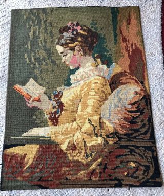 Vintage Needlepoint Royal Paris " A Young Girl Reading " Canvas Completed 20 " X 26