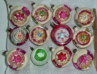 12 Vtg Antique Poland Polish Christmas Tree Glass Ball Ornaments Indents & Mica
